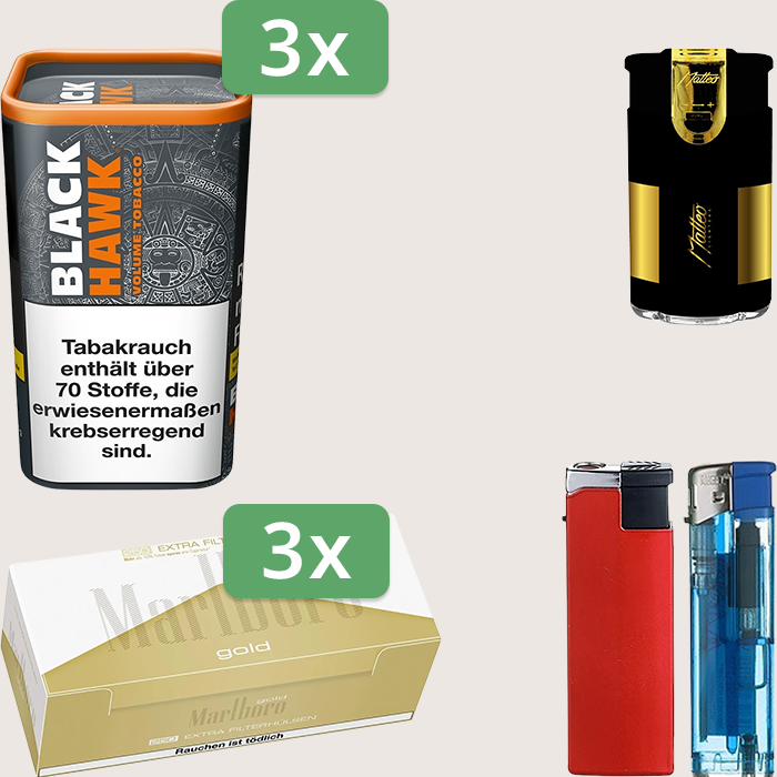 Black Hawk 3 x 90 g mit 750 Marlboro Gold Extra Hülsen und Feuerzeugset