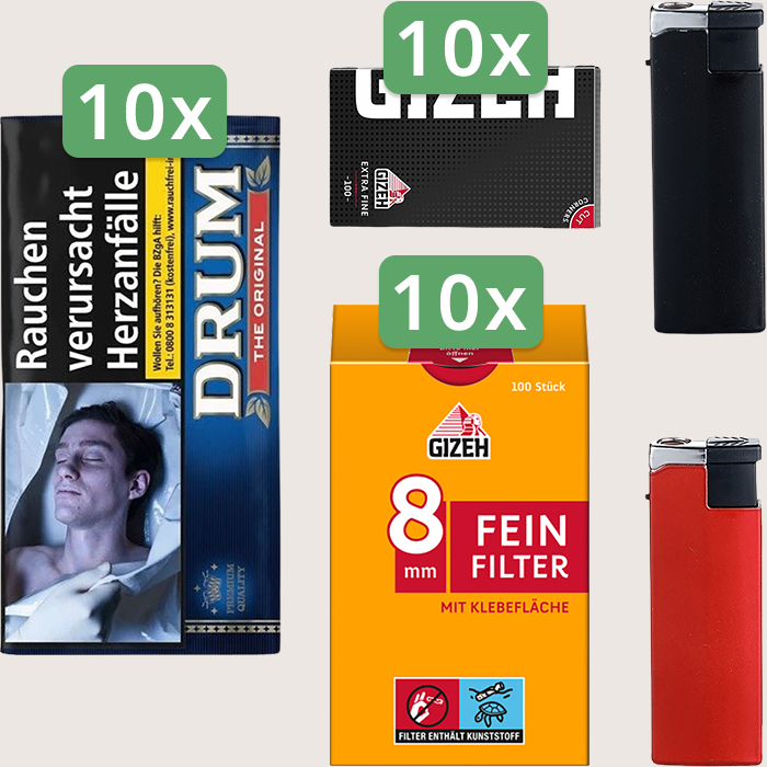 Drum Original 10 x 50 g Sparpaket mit 1.000 Gizeh Black Extra Fine Magnet Blättchen und 1.000 Gizeh Feinfilter 8 mm