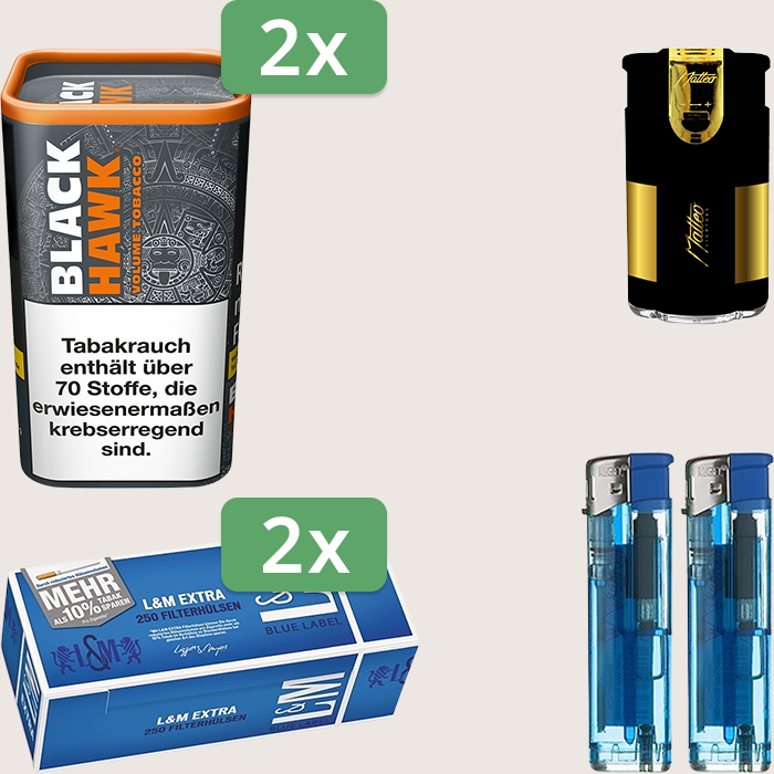 Black Hawk 2 x 90 g Sparpaket mit 500 L&M Extra Blue Label Hülsen und Feuerzeugset