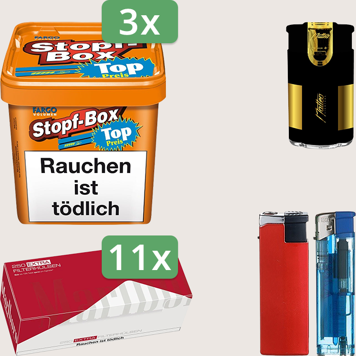 Fargo Stopfbox 3 x 400 g Sparpaket mit 2.750 Marlboro Red Extra Hülsen und Feuerzeugset Fargo Stopfbox 3 x 400 g Sparpaket mit 2.750 Marlboro Red Extra Hülsen und Feuerzeugset