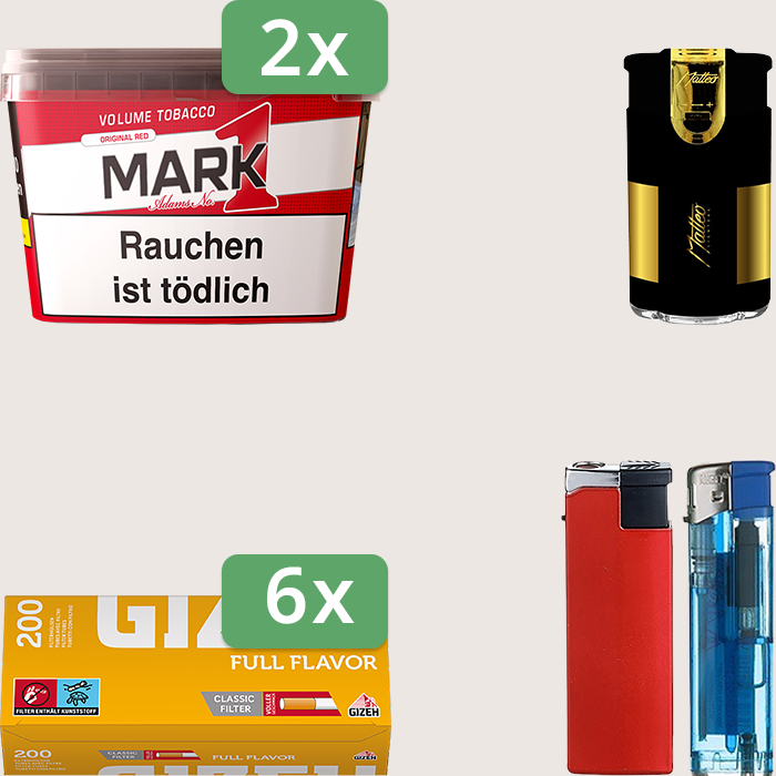 Mark 1 - 2 x 255 g Sparpaket mit 1.200 Gizeh Full Flavor Hülsen und Feuerzeugset