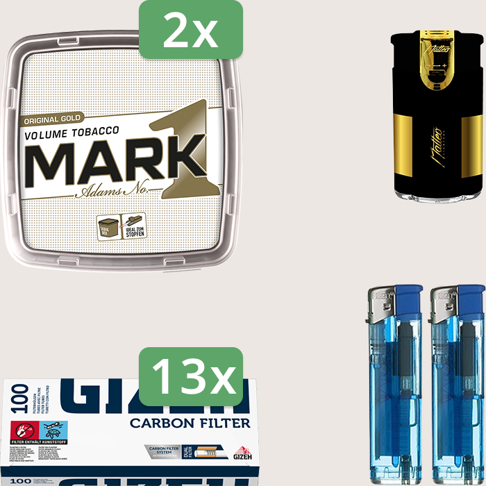 Mark 1 Gold 2 x 400 g Sparpaket mit 1.300 Gizeh Carbon Hülsen und Feuerzeugset Mark 1 Gold 2 x 400 g Sparpaket mit 1.300 Gizeh Carbon Hülsen und Feuerzeugset