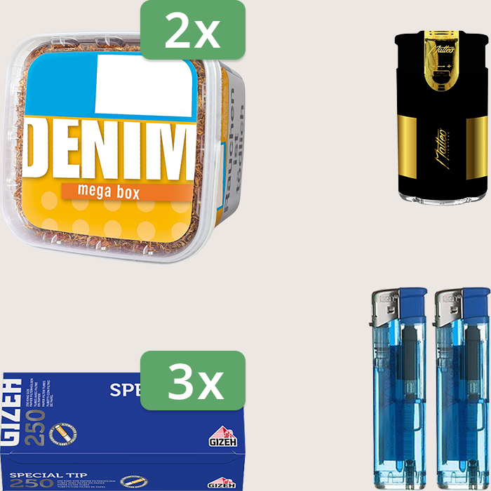 Denim Classic 2 x 210 g Sparpaket mit 750 Gizeh Special Tip Hülsen und Feuerzeugset