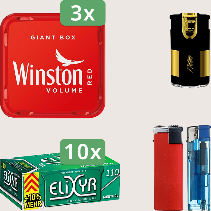Winston Red 3 x 195 g Sparpaket mit 1.100 Energy+ Hülsen und Feuerzeugset