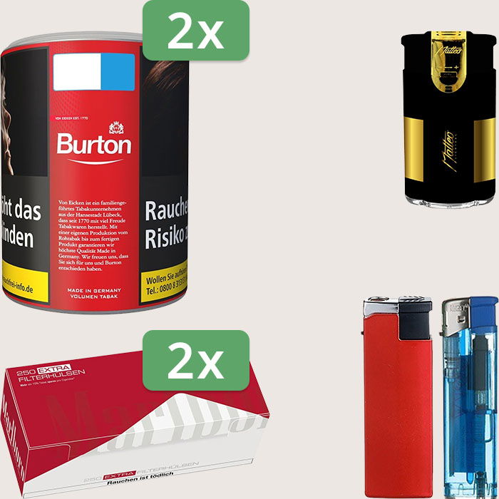 Burton Full Red 2 x 65 g Sparpaket mit 500 Marlboro Red Extra Hülsen und Feuerzeugset