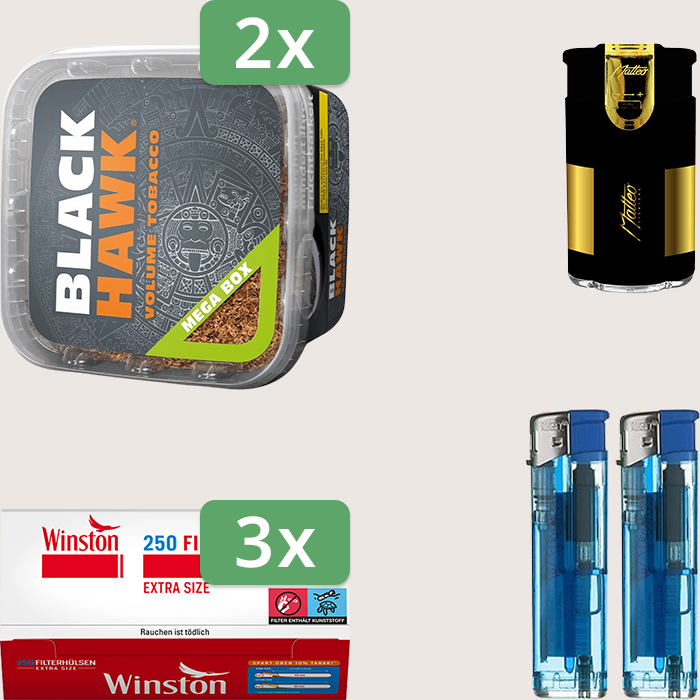 Black Hawk 2 x 230 g Sparpaket mit 750 Winston Extra Hülsen und Feuerzeugset