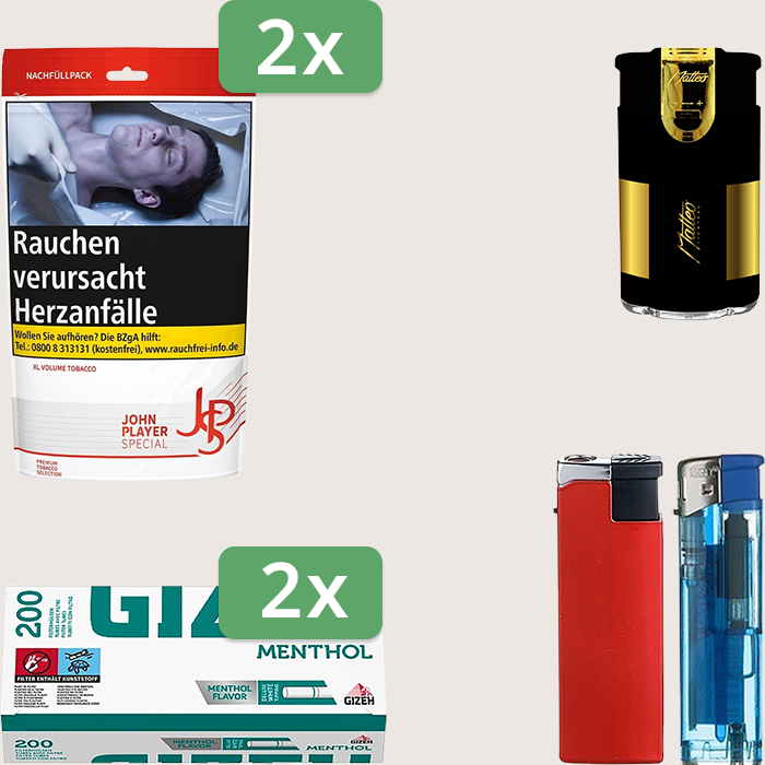 JPS Red 2 x 85 g Sparpaket mit 400 Gizeh Menthol Hülsen und Feuerzeugset