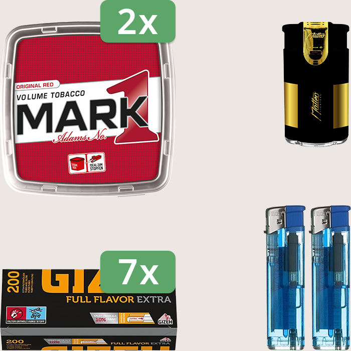 Mark 1 Original Red 2 x 400 g Sparpaket mit 1.400 Gizeh Full Flavor Extra Hülsen und Feuerzeugset Mark 1 Original Red 2 x 400 g Sparpaket mit 1.400 Gizeh Full Flavor Extra Hülsen und Feuerzeugset