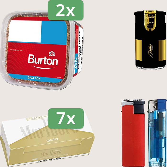 Burton Full Red 2 x 400 g mit 1.750 Marlboro Gold Extra Hülsen und Elektrofeuerzeug