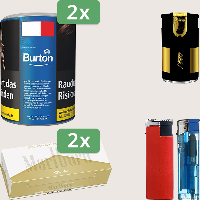 Burton Blue 2 x 65 g Sparpaket mit 400 Marlboro Gold Hülsen und Feuerzeugset