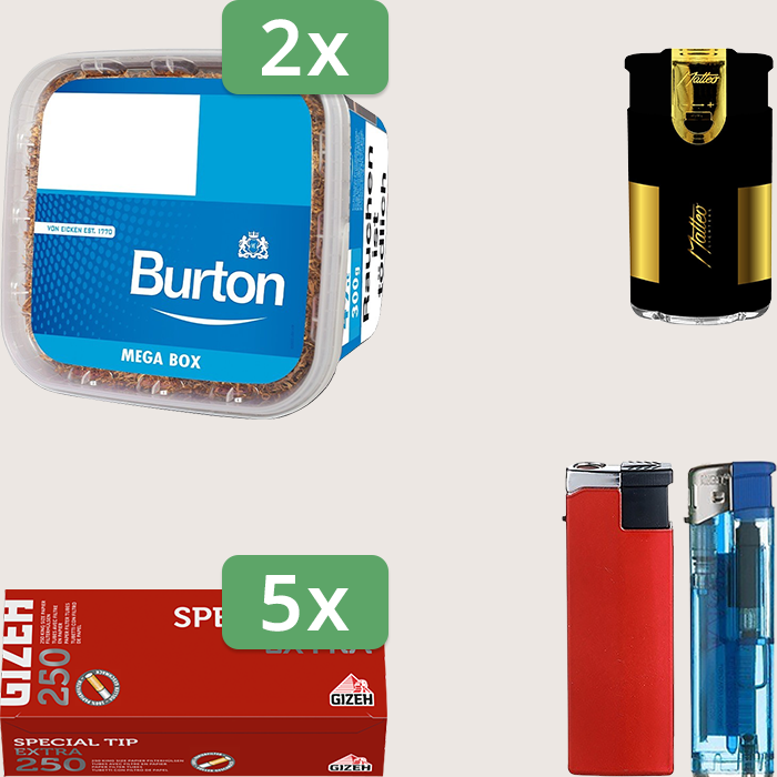 Burton Blue 2 x 270 g Sparpaket mit 1.250 Gizeh Special Tip Extra Hülsen und Feuerzeugset