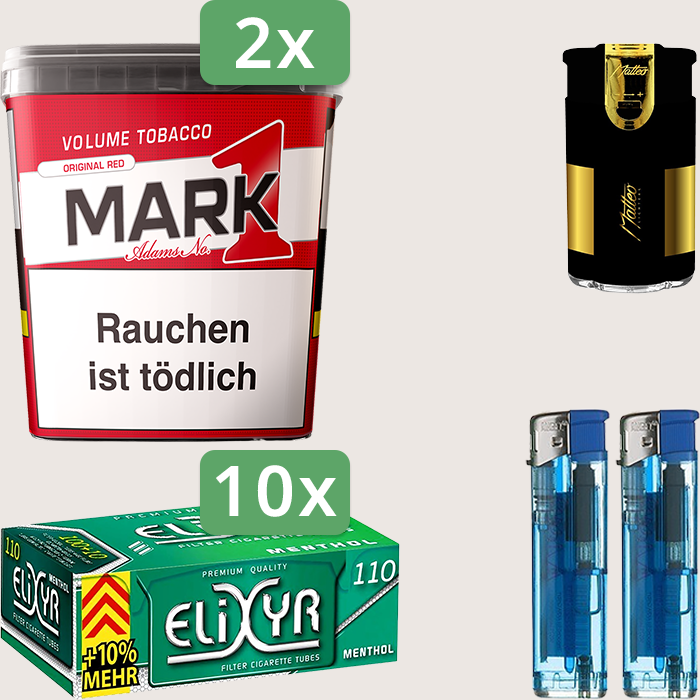 Mark 1 Original Red 2 x 320 g Sparpaket mit 1.100 Elixyr Energy Plus Menthol Hülsen und Feuerzeugset