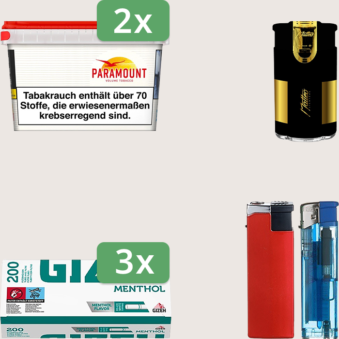 Paramount 2 x 125 g Sparpaket mit 600 Gizeh Menthol Hülsen und Feuerzeugset