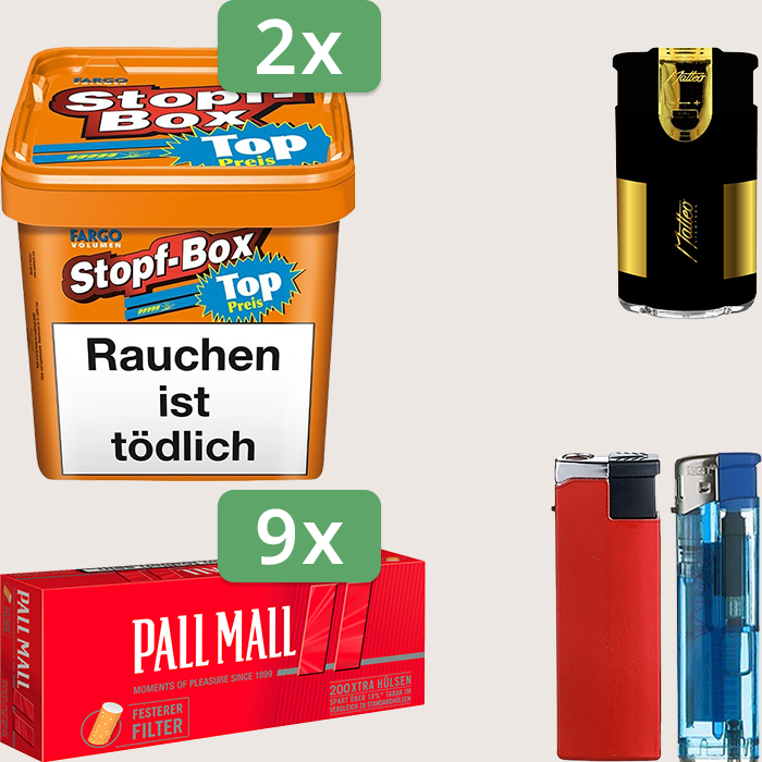 Fargo Stopfbox 2 x 420 g Sparpaket mit 1.800 Pall Mall Red Xtra Hülsen Hülsen und Feuerzeugset