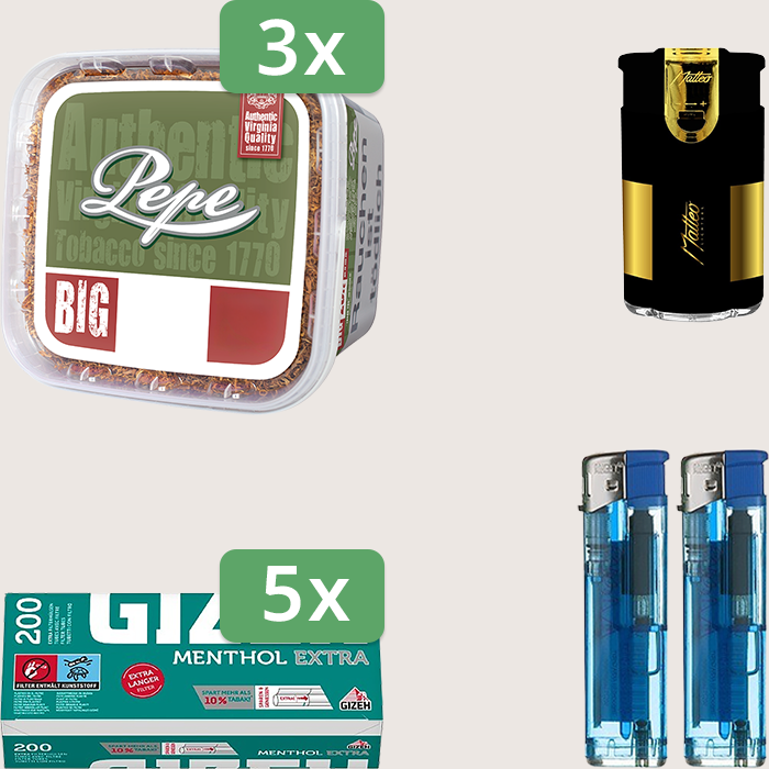 Pepe Rich Green 3 x 170 g Sparpaket mit 1.000 Gizeh Menthol Extra Hülsen und Feuerzeugset