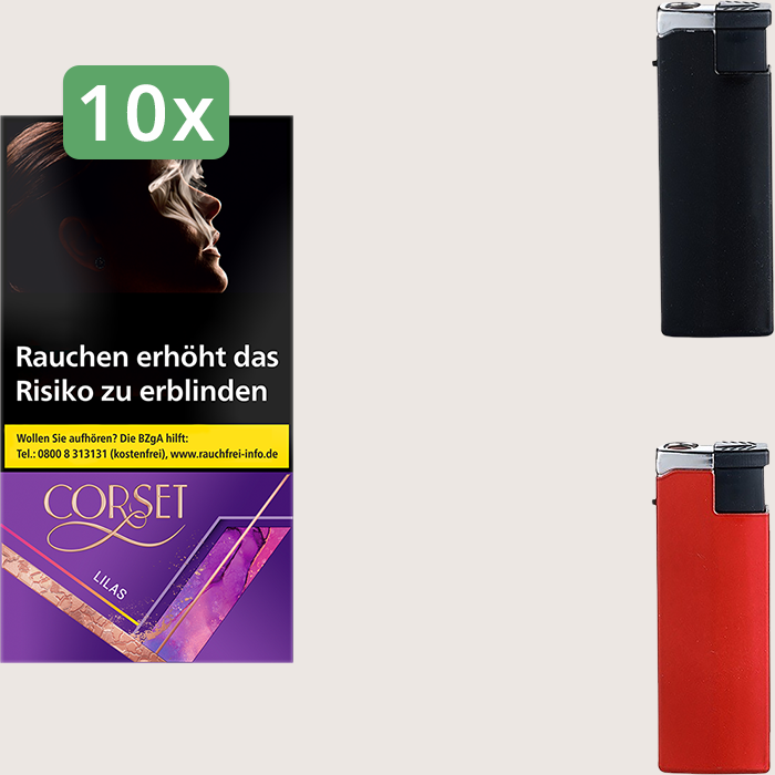 Corset Lilas 10 x 7,80 € Sparpaket mit 200 Zigaretten und Feuerzeugset