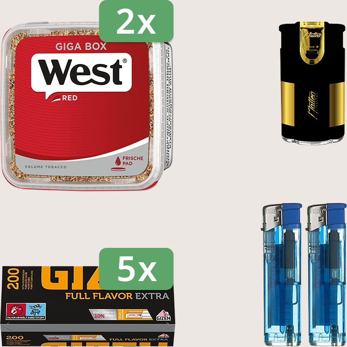 West Red 2 x 265 g Sparpaket mit 1.000 Gizeh Full Flavor Extra Hülsen und Feuerzeugset