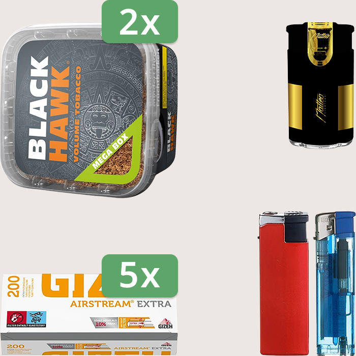 Black Hawk 2 x 230 g Sparpaket mit 1.000 Gizeh Airstream Extra Hülsen und Feuerzeugset