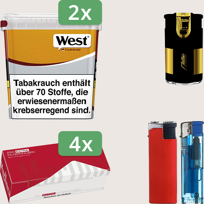 West Yellow 2 x 235 g Sparpaket mit 1.000 Marlboro Red Extra Hülsen und Feuerzeugset