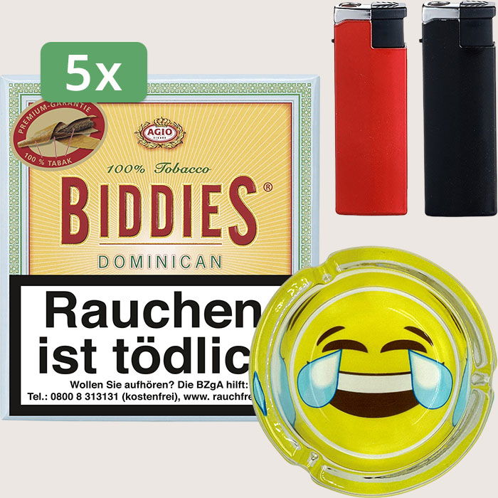 Agio Biddies Dominican 5 x 10,47 € Sparpaket mit 100 Zigarillos, Aschenbecher und Feuerzeugset