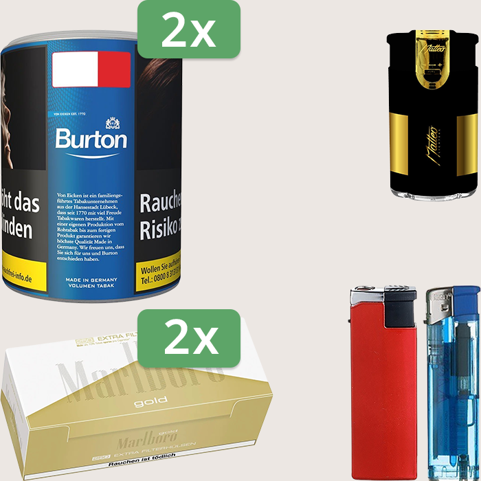 Burton Blue 2 x 65 g Sparpaket mit 500 Marlboro Gold Extra Hülsen und Feuerzeugset
