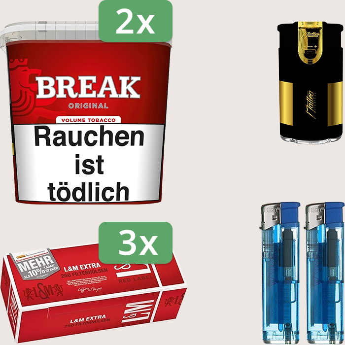 Break Original 2 x 185 g Sparpaket mit 750 L&M Extra Red Label Hülsen und Feuerzeugset