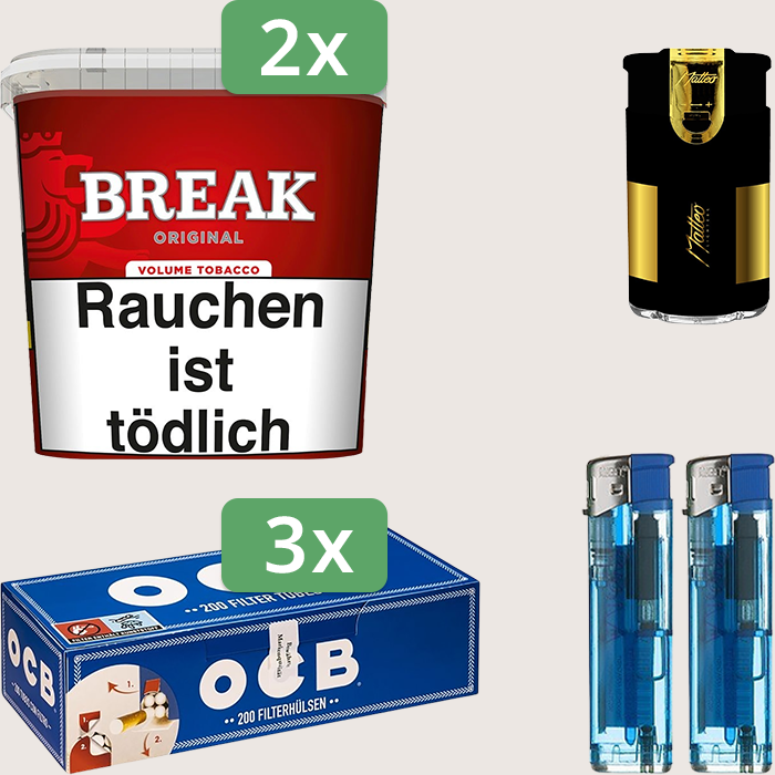 Break Original 2 x 185 g Sparpaket mit 600 OCB Hülsen und Feuerzeugset