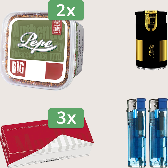 Pepe Rich Green 2 x 170 g Sparpaket mit 600 Marlboro Red Hülsen und Feuerzeugset