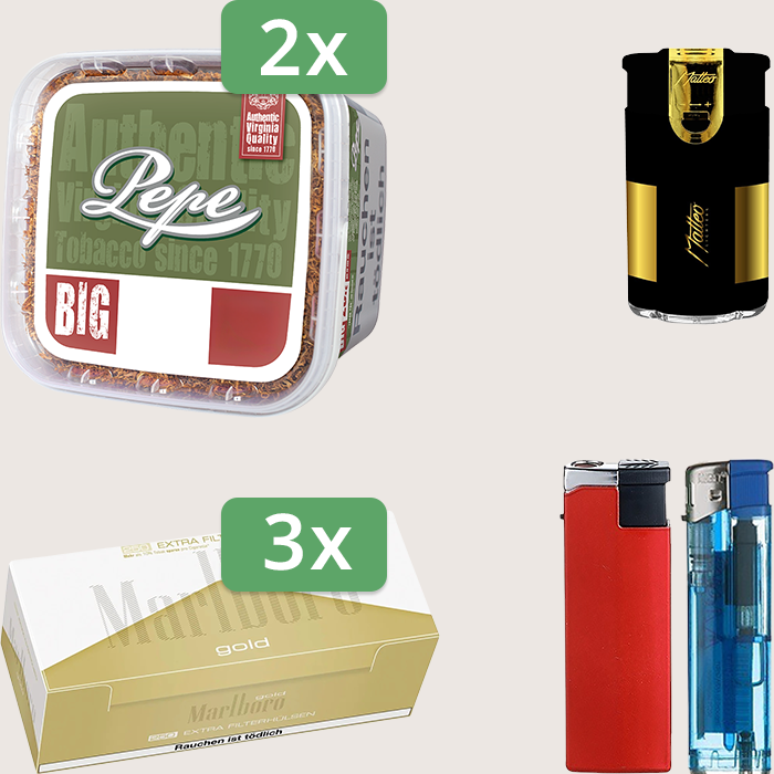 Pepe Rich Green 2 x 170 g Sparpaket mit 750 Marlboro Gold Extra Hülsen und Feuerzeugset