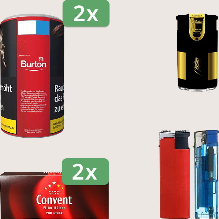 Burton Full Red 2 x 90 g Sparpaket mit 400 Convent Hülsen und Feuerzeugset