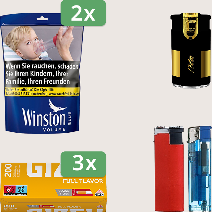 Winston Blue 2 x 105 g Sparpaket mit 600 Gizeh Full Flavor Hülsen und Feuerzeugset