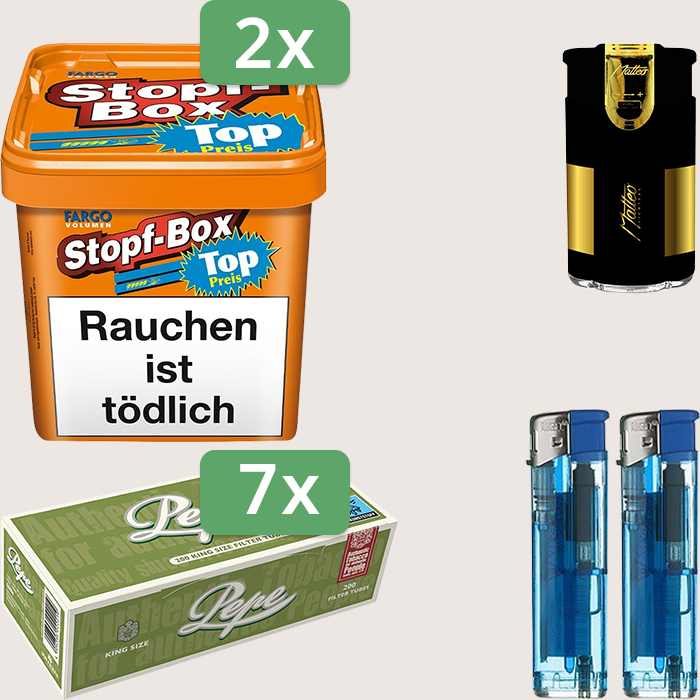 Fargo Stopfbox 2 x 400 g Sparpaket mit 1.400 Pepe Hülsen und Feuerzeugset