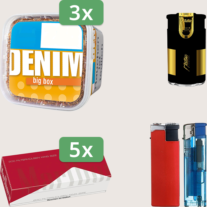 Denim Classic 3 x 160 g mit 1.000 Marlboro Red Hülsen und Elektrofeuerzeug
