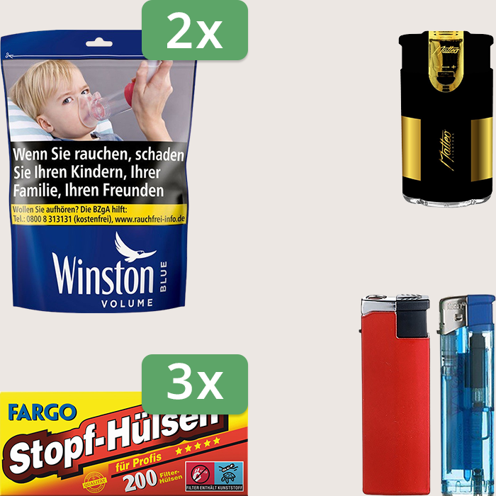 Winston Blue 2 x 100 g Sparpaket mit 600 Fargo Stopfhülsen und Feuerzeugset