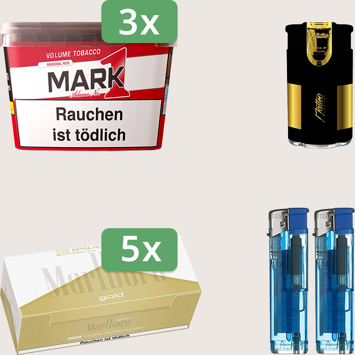 Mark 1 Original Red 3 x 255 g Sparpaket mit 1.250 Marlboro Gold Extra Hülsen und Feuerzeugset