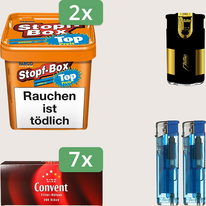 Fargo Stopfbox 2 x 400 g Sparpaket mit 1.400 Convent Hülsen und Feuerzeugset Fargo Stopfbox 2 x 400 g Sparpaket mit 1.400 Convent Hülsen und Feuerzeugset