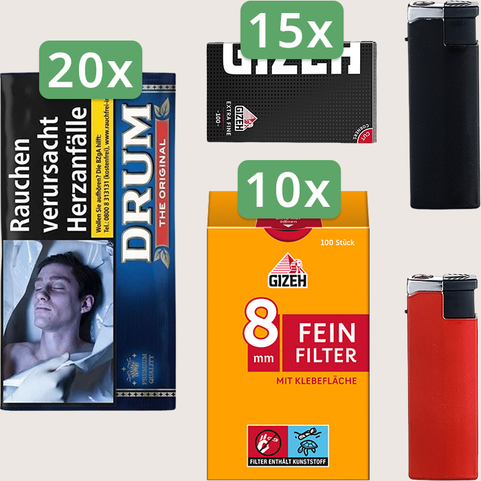 Drum Original 20 x 50 g Sparpaket mit 1.500 Gizeh Black Extra Fine Magnet Blättchen und 1.000 Gizeh Feinfilter 8 mm