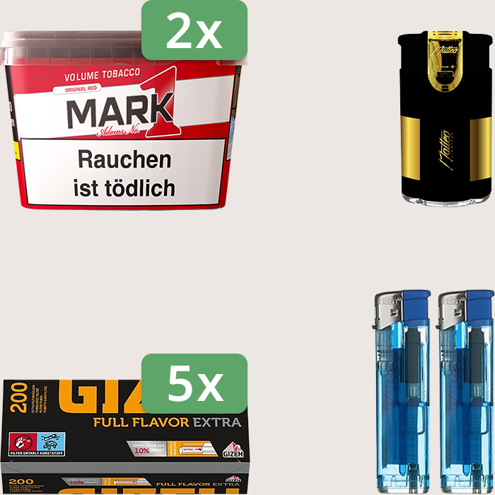 Mark 1 Original Red 2 x 255 g Sparpaket mit 1.000 Gizeh Full Flavor Extra Hülsen und Feuerzeugset