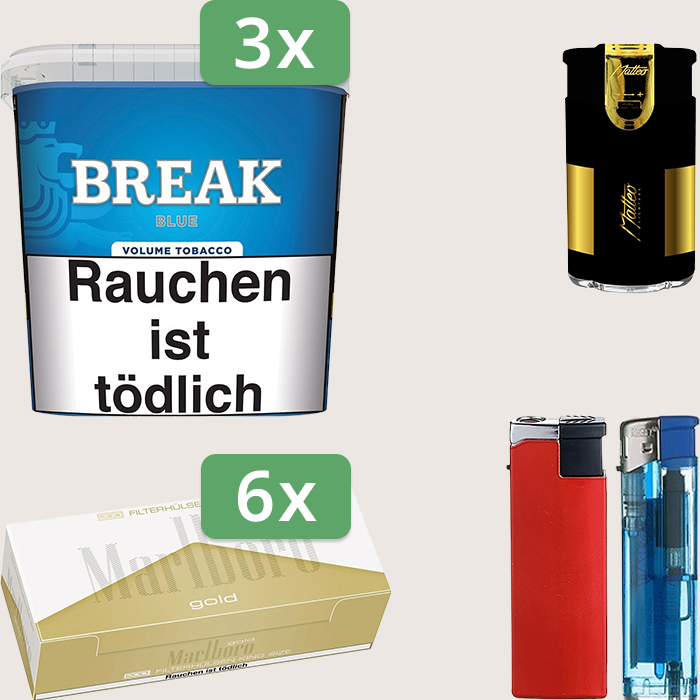 Break Blue 3 x 185 g Sparpaket mit 1.200 Marlboro Gold Hülsen und Feuerzeugset Break Blue 3 x 185 g Sparpaket mit 1.200 Marlboro Gold Hülsen und Feuerzeugset