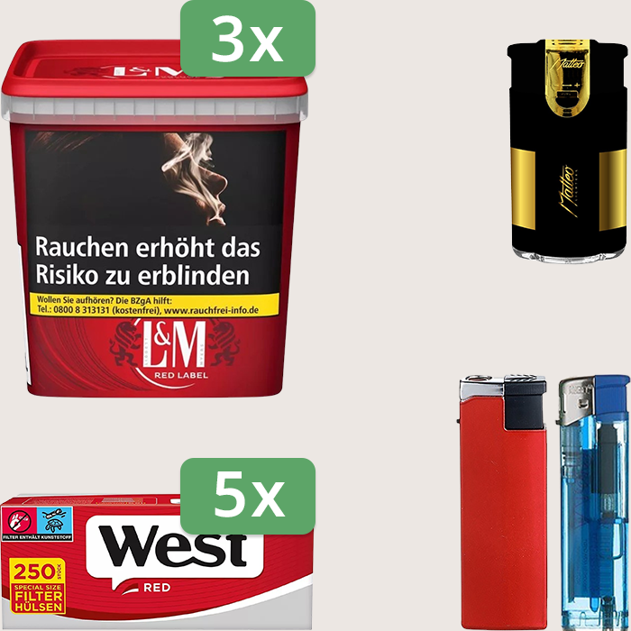 L&M Red 3 x 185 g Sparpaket mit 1.250 West Red Special Hülsen und Feuerzeugset
