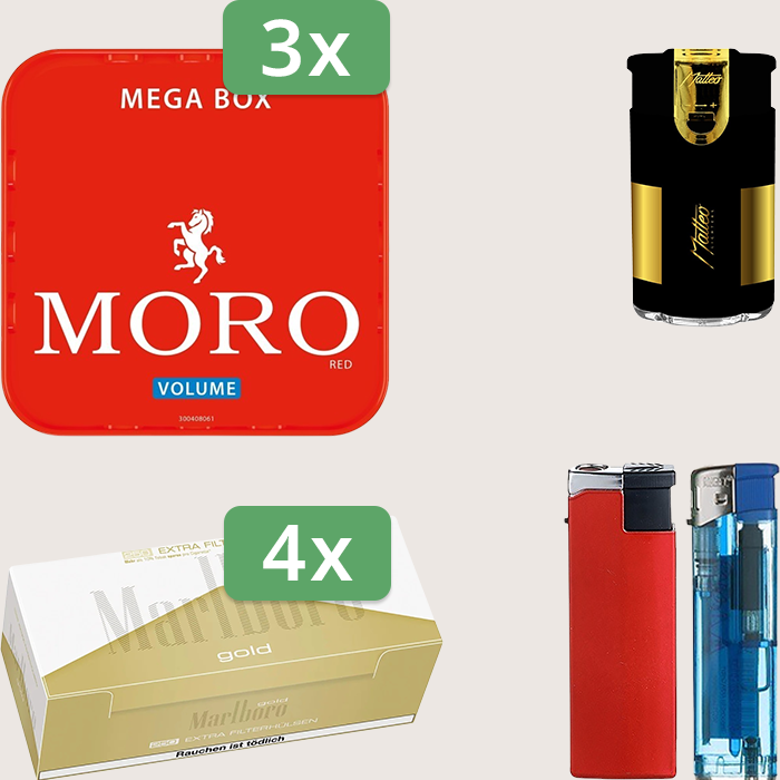 Moro Red 3 x 155 g Sparpaket mit 1.000 Marlboro Gold Extra Hülsen und Feuerzeugset