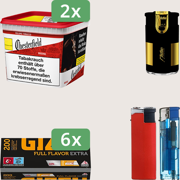 Chesterfield Original Red 2 x 245 g Sparpaket mit 1.200 Gizeh Full Flavor Extra Hülsen und Feuerzeugset