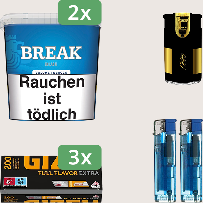 Break Blue 2 x 185 g Sparpaket mit 600 Gizeh Full Flavor Extra Hülsen und Feuerzeugset