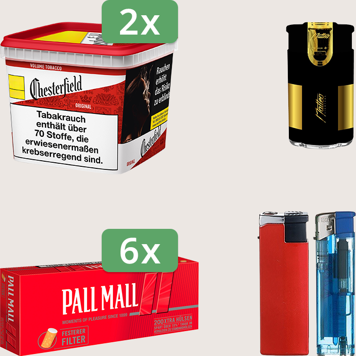 Chesterfield Original Red 2 x 245 g Sparpaket mit 1.200 Pall Mall Red Xtra Hülsen und Feuerzeugset