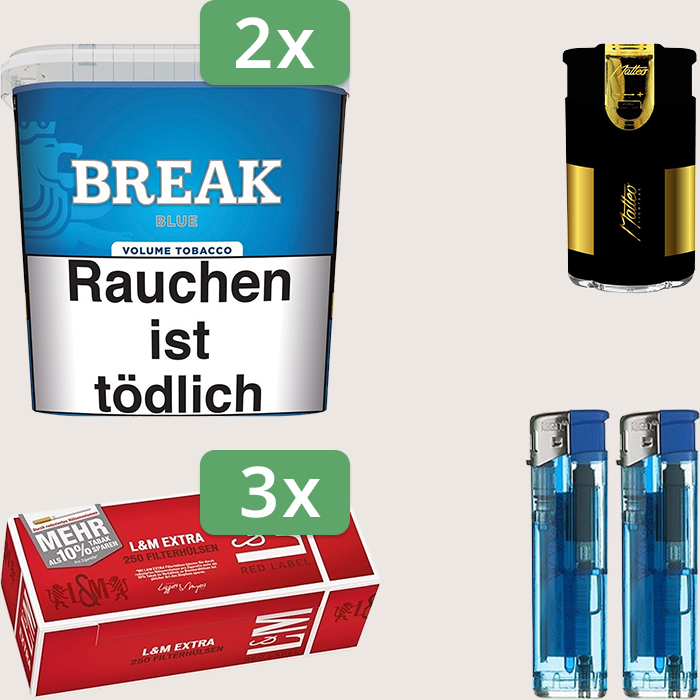 Break Blue 2 x 185 g Sparpaket mit 750 L&M Extra Red Label Hülsen und Feuerzeugset