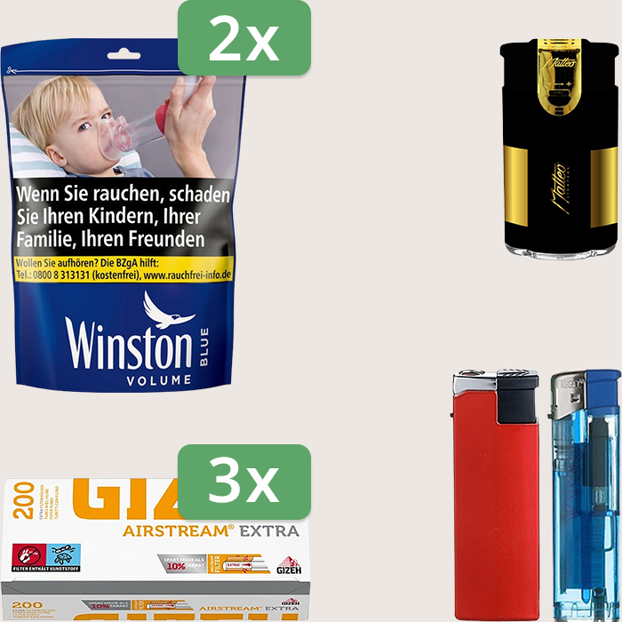 Winston Blue 2 x 105 g Sparpaket mit 600 Gizeh Airstream Extra Hülsen und Feuerzeugset