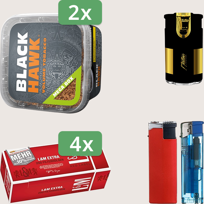 Black Hawk 2 x 230 g Sparpaket mit 1.000 L&M Extra Red Label Hülsen und Feuerzeugset