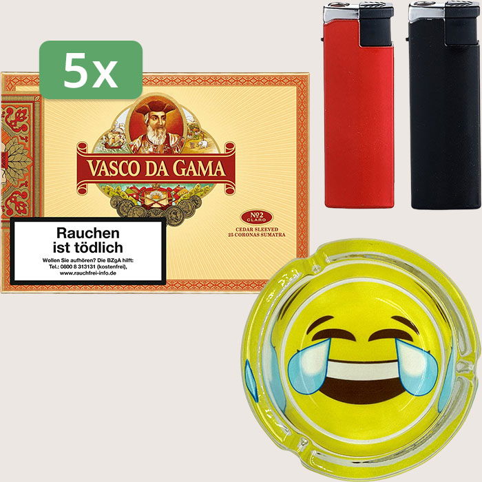 Vasco da Gama No. 2 Claro Sumatra 5 x 33,45 € Sparpaket mit 125 Zigarillos, Aschenbecher und Feuerzeugset