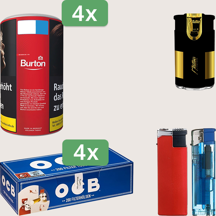 Burton Full Red 4 x 90 g Sparpaket mit 800 OCB Hülsen und Feuerzeugset