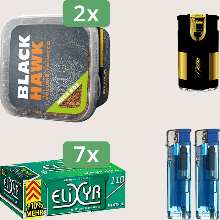 Black Hawk 2 x 230 g Sparpaket mit 770 Elixyr Energy Plus Menthol Hülsen und Feuerzeugset